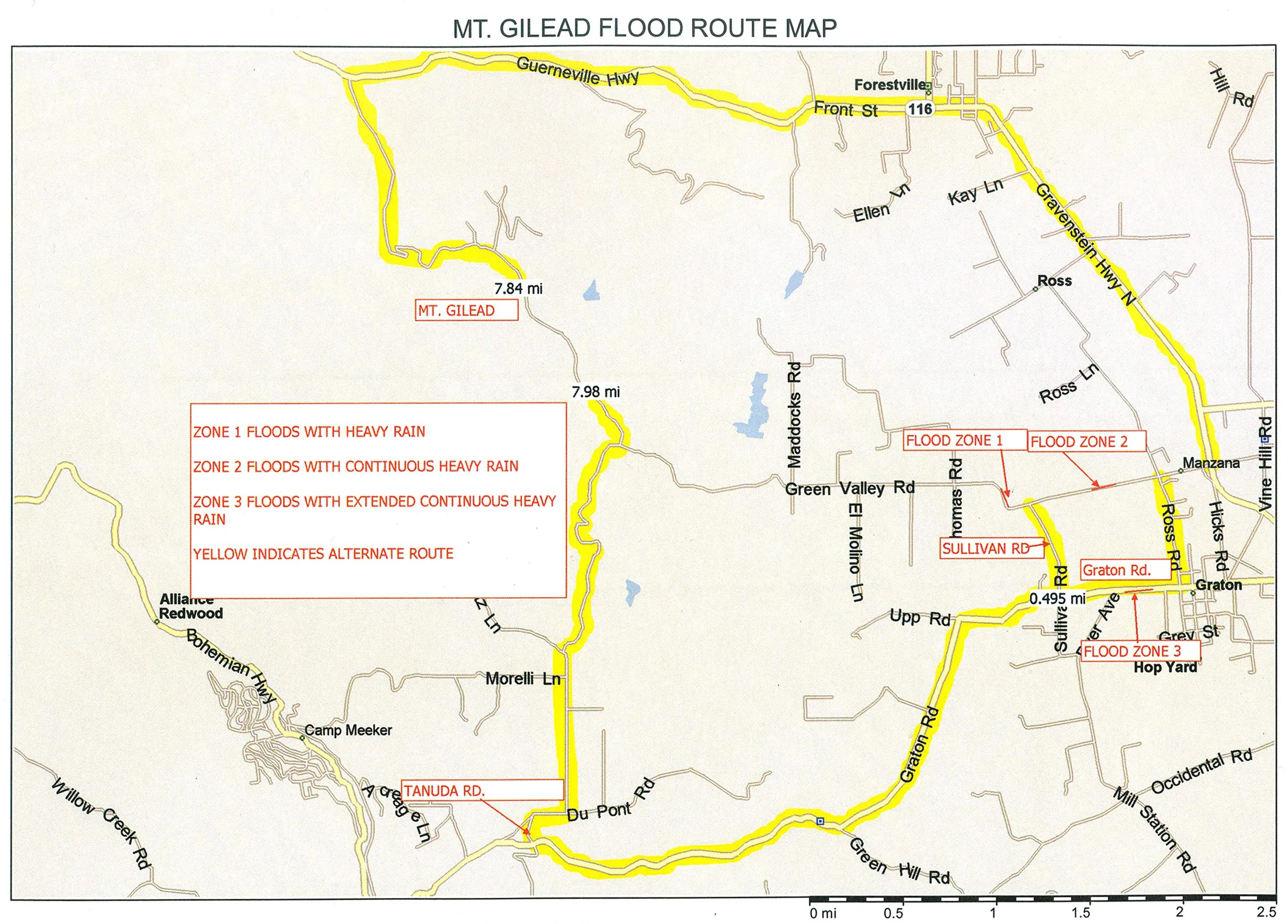 Map of Mt. Gilead showing flood zones, alternate routes in yellow, and areas impacted by heavy rain and flooding, with roads, towns, and landmarks labeled for evacuation planning.
