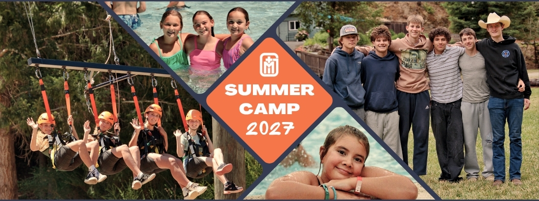 Collage of smiling kids at summer camp: swimming, group photo, sitting on a swing ride, and relaxing outdoors, with Summer Camp 2027 text in the center.