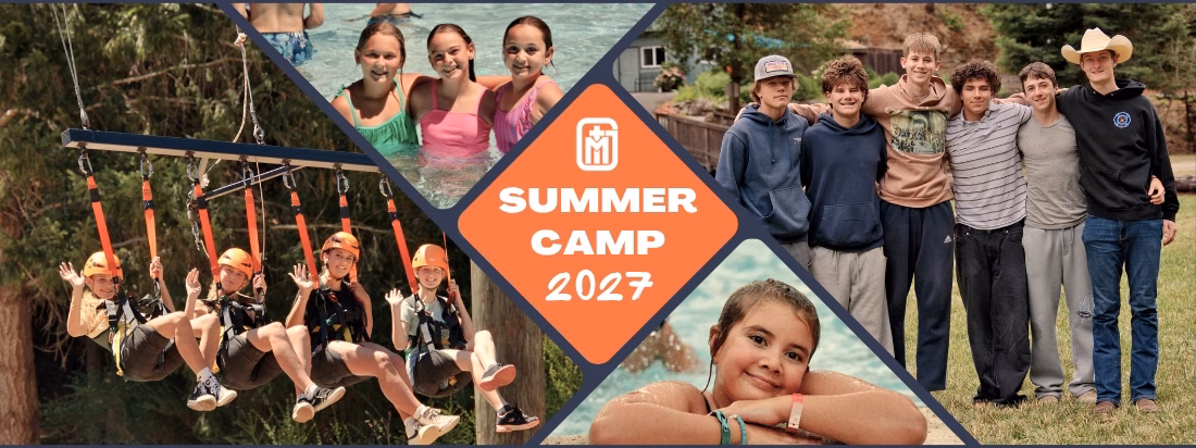 Collage of kids at summer camp: swimming, ziplining, posing together, and smiling, with a central orange sign reading Summer Camp 2027 against a backdrop of trees and a cabin.