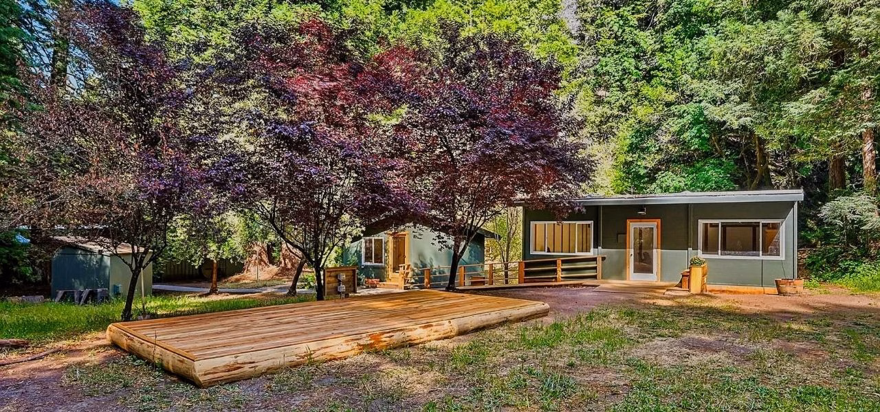 A single-story green house surrounded by lush trees, with a wooden platform in the yard and sunlight filtering through the foliage.